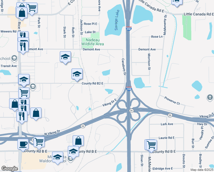 map of restaurants, bars, coffee shops, grocery stores, and more near 180 County Road B2 East in Little Canada