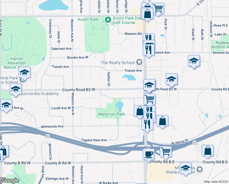 map of restaurants, bars, coffee shops, grocery stores, and more near 2410 Galtier Street in Roseville