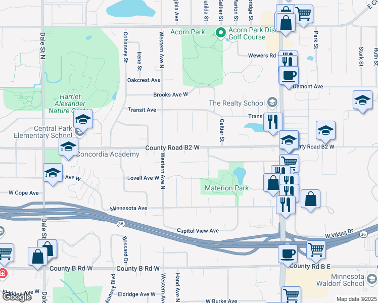map of restaurants, bars, coffee shops, grocery stores, and more near 328 County Road B2 West in Roseville
