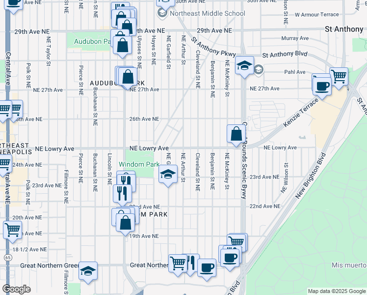 map of restaurants, bars, coffee shops, grocery stores, and more near NE Lowry Ave & NE Arthur St in Minneapolis