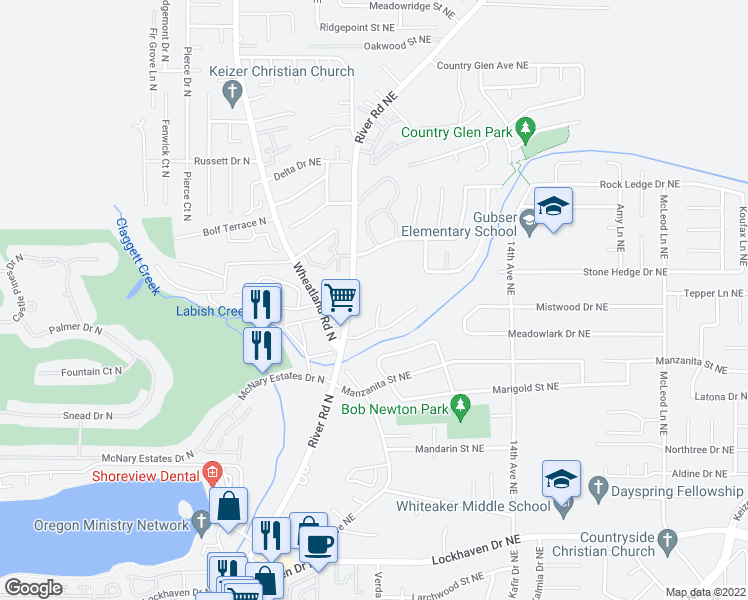 map of restaurants, bars, coffee shops, grocery stores, and more near 6471 Sandwedge Court Northeast in Keizer