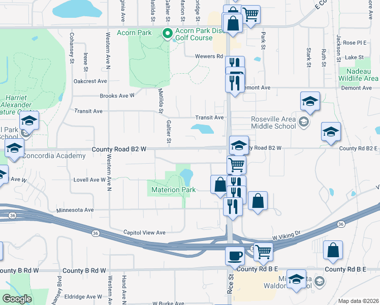 map of restaurants, bars, coffee shops, grocery stores, and more near 218 County Road B2 West in Roseville