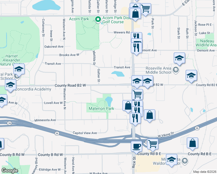 map of restaurants, bars, coffee shops, grocery stores, and more near 218 County Road B2 West in Roseville