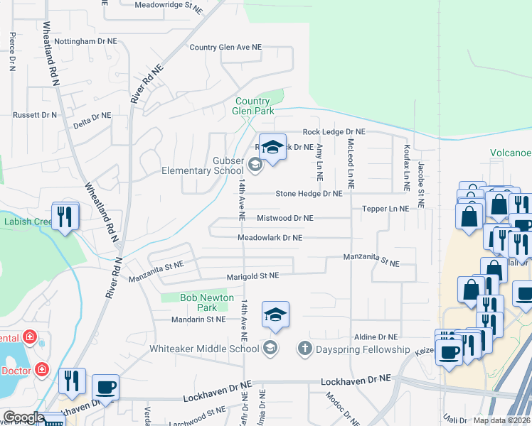 map of restaurants, bars, coffee shops, grocery stores, and more near 1569 Mistwood Drive Northeast in Keizer