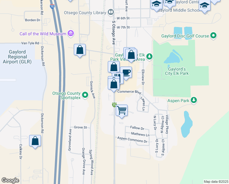 map of restaurants, bars, coffee shops, grocery stores, and more near 1151 South Otsego Avenue in Gaylord