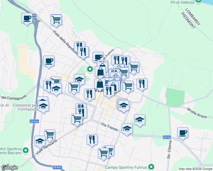 map of restaurants, bars, coffee shops, grocery stores, and more near 2A Vicolo dei Sarmati in Valenza