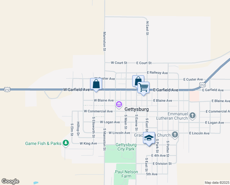 map of restaurants, bars, coffee shops, grocery stores, and more near 300 West Garfield Avenue in Gettysburg