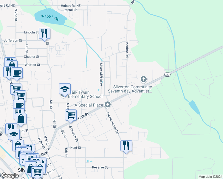 map of restaurants, bars, coffee shops, grocery stores, and more near 1045 Oak Street in Silverton