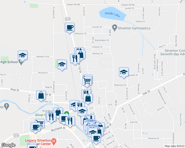 map of restaurants, bars, coffee shops, grocery stores, and more near 951 North 2nd Street in Silverton