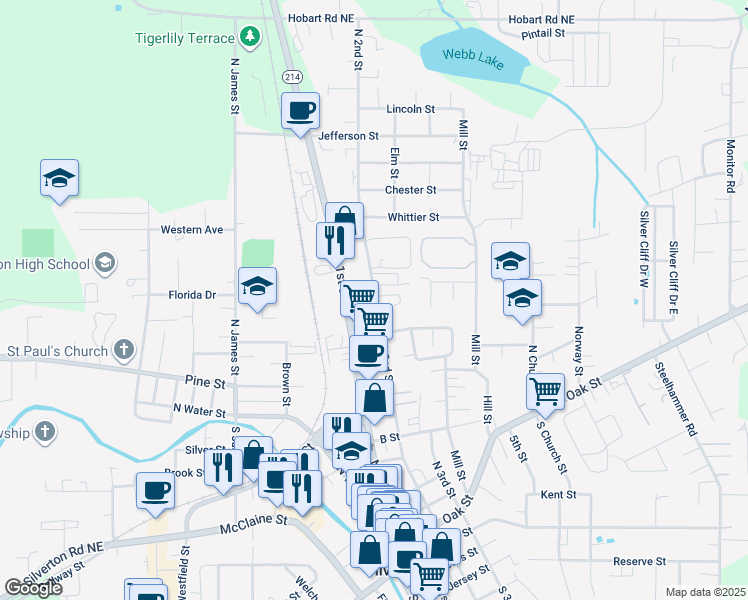 map of restaurants, bars, coffee shops, grocery stores, and more near 951 North 2nd Street in Silverton