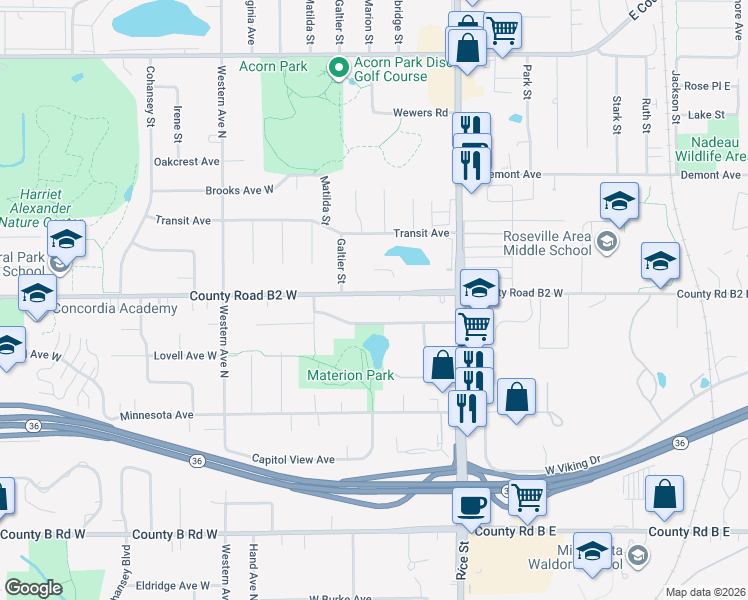map of restaurants, bars, coffee shops, grocery stores, and more near 218 County Road B2 West in Roseville