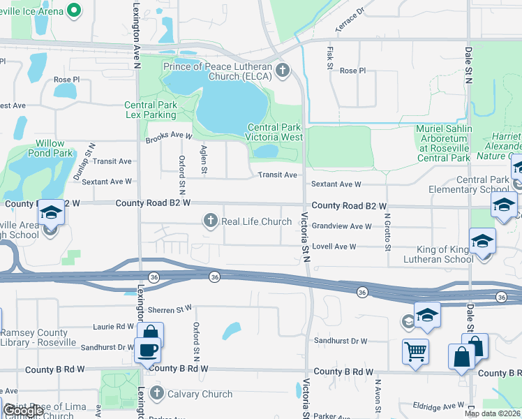 map of restaurants, bars, coffee shops, grocery stores, and more near 934 County Road B2 West in Roseville