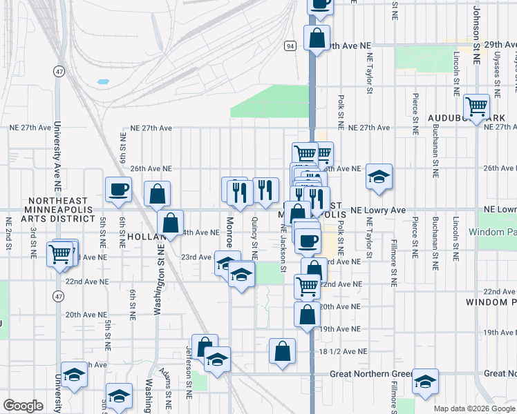 map of restaurants, bars, coffee shops, grocery stores, and more near 805 Northeast Lowry Avenue in Minneapolis