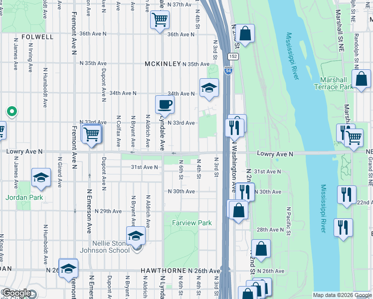 map of restaurants, bars, coffee shops, grocery stores, and more near in Minneapolis