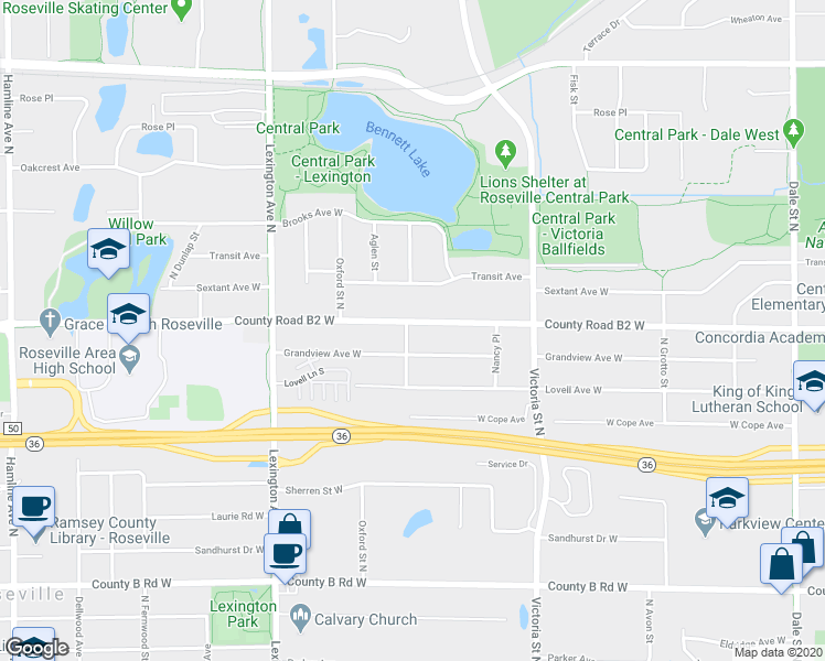 map of restaurants, bars, coffee shops, grocery stores, and more near 970 County Road B2 West in Roseville