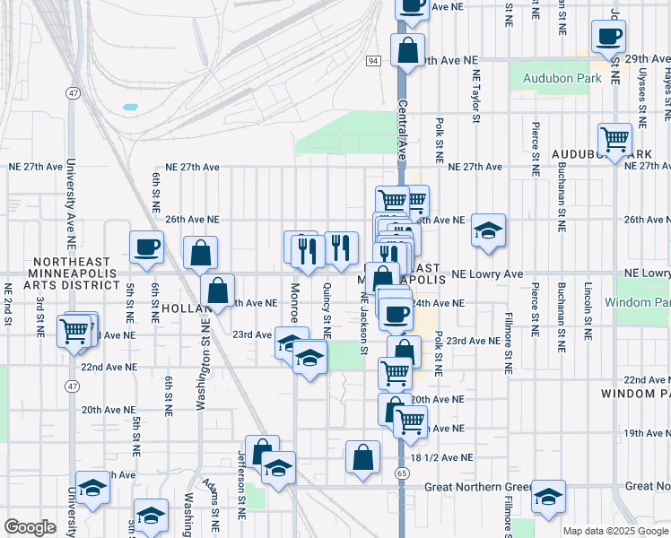 map of restaurants, bars, coffee shops, grocery stores, and more near 805 Northeast Lowry Avenue in Minneapolis