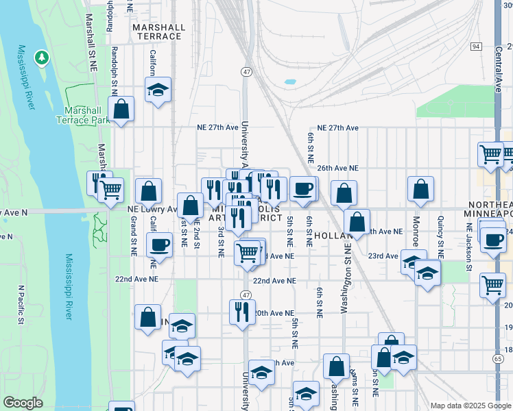 map of restaurants, bars, coffee shops, grocery stores, and more near 339 Northeast Lowry Avenue in Minneapolis