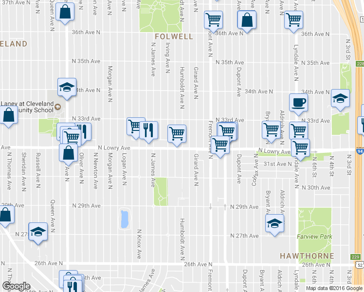 map of restaurants, bars, coffee shops, grocery stores, and more near 3205 N Humboldt Ave in Minneapolis