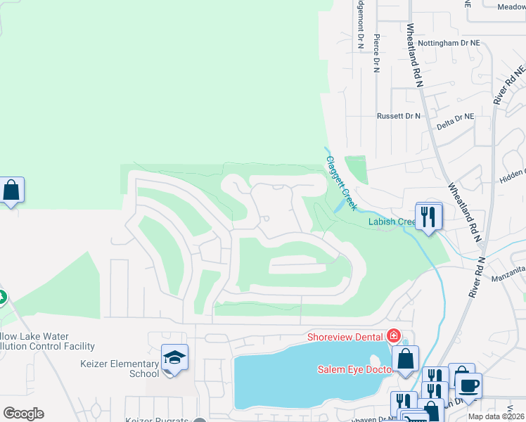 map of restaurants, bars, coffee shops, grocery stores, and more near 6356 Castle Pines Circle North in Keizer