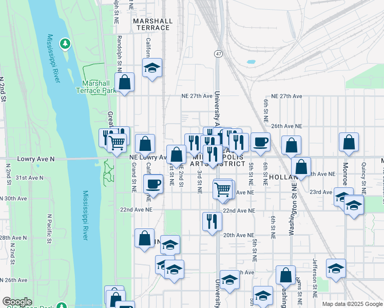 map of restaurants, bars, coffee shops, grocery stores, and more near 215 Northeast Lowry Avenue in Minneapolis