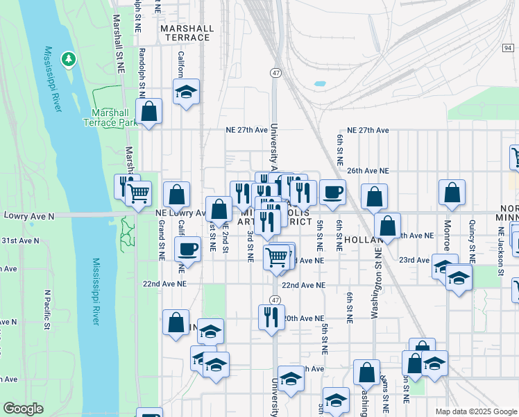 map of restaurants, bars, coffee shops, grocery stores, and more near 311 Northeast Lowry Avenue in Minneapolis