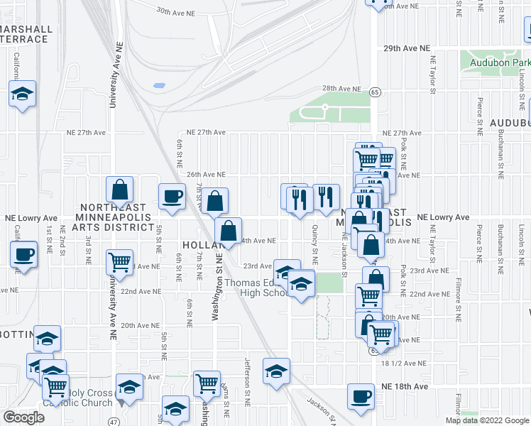 map of restaurants, bars, coffee shops, grocery stores, and more near 675 Northeast Lowry Avenue in Minneapolis