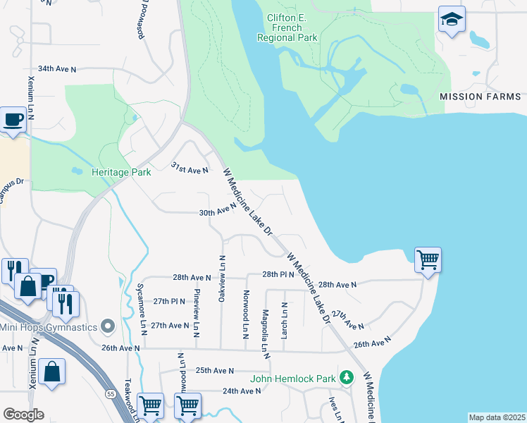 map of restaurants, bars, coffee shops, grocery stores, and more near 12325 30th Avenue North in Minneapolis
