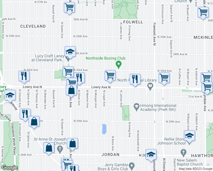 map of restaurants, bars, coffee shops, grocery stores, and more near 1818 Lowry Avenue North in Minneapolis