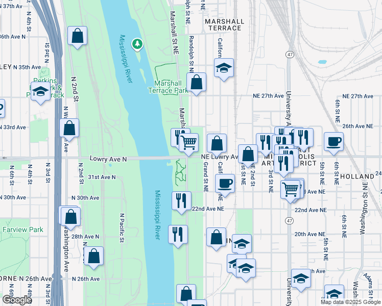map of restaurants, bars, coffee shops, grocery stores, and more near 2501 Marshall Street Northeast in Minneapolis