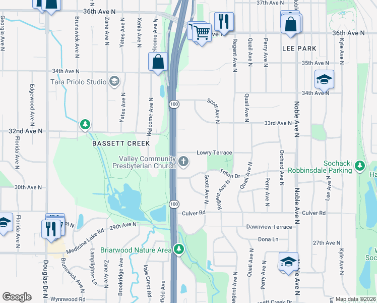 map of restaurants, bars, coffee shops, grocery stores, and more near 5348 Lowry Terrace in Golden Valley