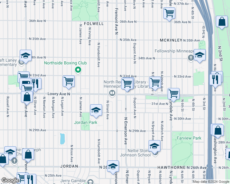 map of restaurants, bars, coffee shops, grocery stores, and more near 1300 Lowry Avenue North in Minneapolis