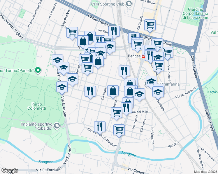 map of restaurants, bars, coffee shops, grocery stores, and more near 16 Via Carlo Pisacane in Torino