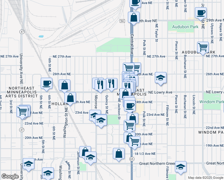 map of restaurants, bars, coffee shops, grocery stores, and more near 805 Northeast Lowry Avenue in Minneapolis