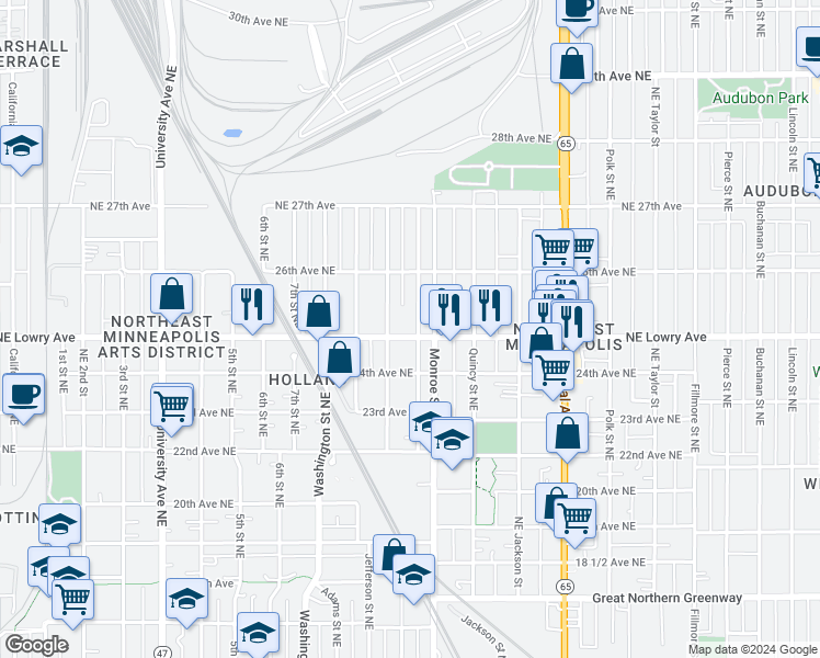 map of restaurants, bars, coffee shops, grocery stores, and more near 2510 Northeast Howard Street in Minneapolis