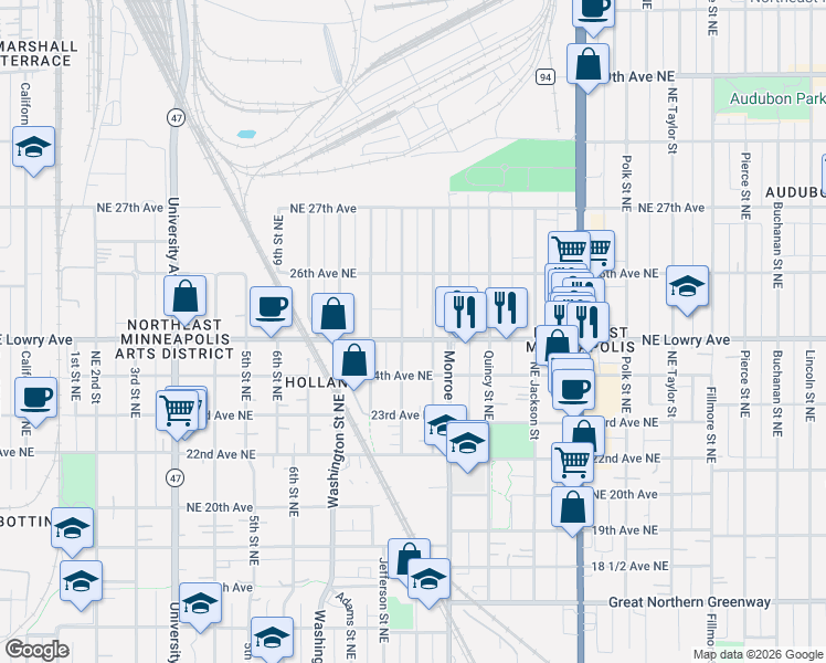map of restaurants, bars, coffee shops, grocery stores, and more near 2501 Northeast Howard Street in Minneapolis