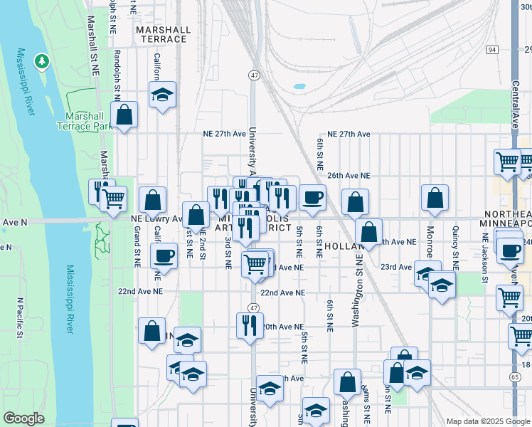map of restaurants, bars, coffee shops, grocery stores, and more near in Minneapolis