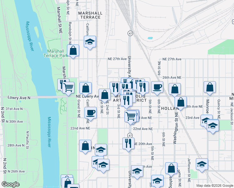 map of restaurants, bars, coffee shops, grocery stores, and more near 215 Northeast Lowry Avenue in Minneapolis