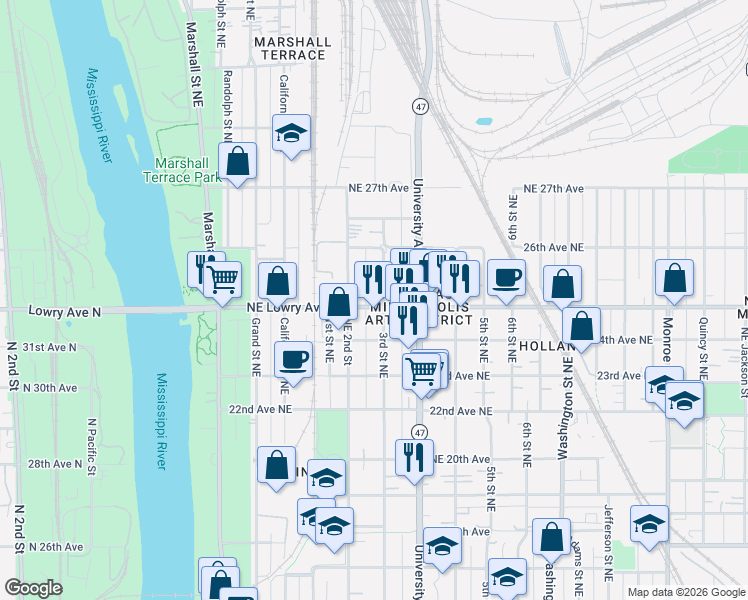 map of restaurants, bars, coffee shops, grocery stores, and more near 215 Northeast Lowry Avenue in Minneapolis