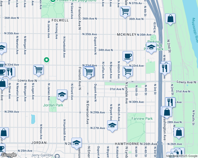 map of restaurants, bars, coffee shops, grocery stores, and more near 1014 Lowry Avenue North in Minneapolis