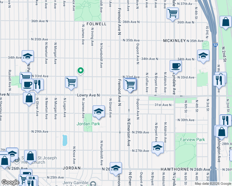 map of restaurants, bars, coffee shops, grocery stores, and more near 1300 Lowry Avenue North in Minneapolis