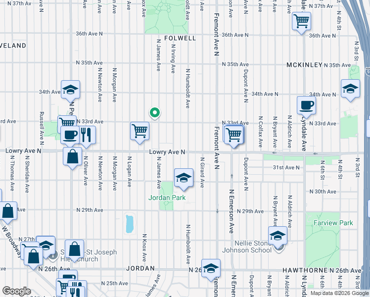 map of restaurants, bars, coffee shops, grocery stores, and more near 3205 North Humboldt Avenue in Minneapolis