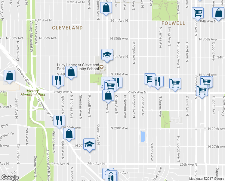 map of restaurants, bars, coffee shops, grocery stores, and more near 2136 Lowry Ave N in Minneapolis