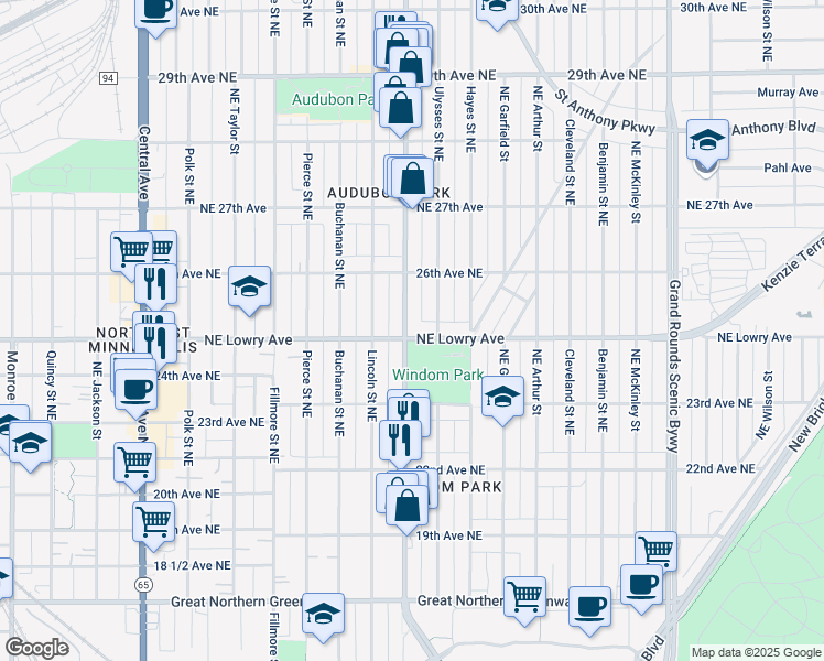 map of restaurants, bars, coffee shops, grocery stores, and more near 1601 Northeast Lowry Avenue in Minneapolis