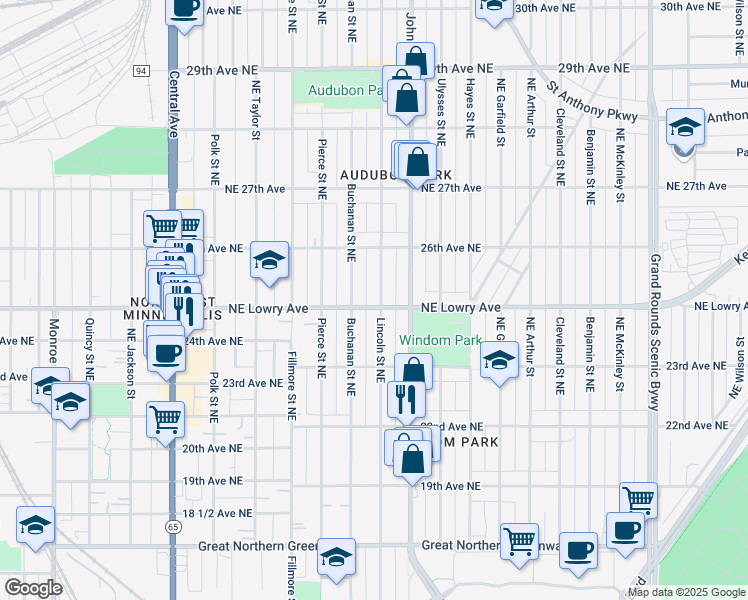 map of restaurants, bars, coffee shops, grocery stores, and more near 2502 Lincoln Street Northeast in Minneapolis