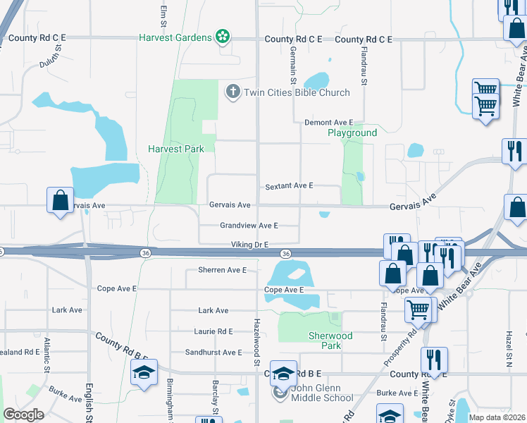 map of restaurants, bars, coffee shops, grocery stores, and more near 1548 Gervais Avenue in Saint Paul