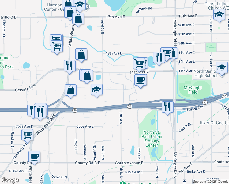 map of restaurants, bars, coffee shops, grocery stores, and more near 2060 9th Avenue East in North Saint Paul