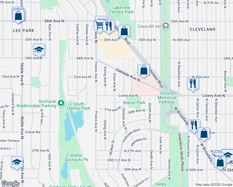 map of restaurants, bars, coffee shops, grocery stores, and more near 3200 Drew Avenue North in Minneapolis