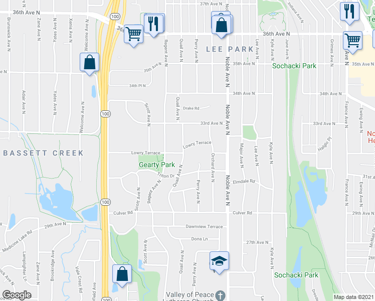 map of restaurants, bars, coffee shops, grocery stores, and more near 4965 Lowry Terrace in Minneapolis