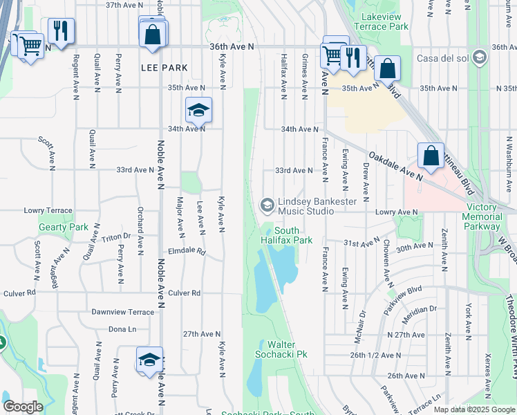 map of restaurants, bars, coffee shops, grocery stores, and more near 3205 Indiana Avenue North in Minneapolis