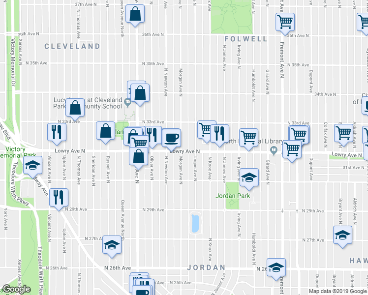 map of restaurants, bars, coffee shops, grocery stores, and more near 3200 North Morgan Avenue in Minneapolis